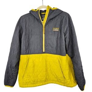 LL Bean Katahdin Insulated Pullover Gray Yellow Quilted Half Zip Hooded Medium